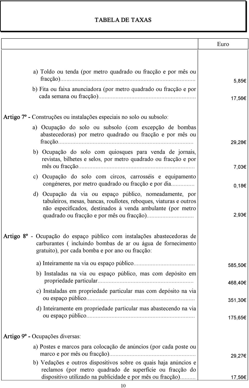 .. 29,28 b) Ocupação do solo com quiosques para venda de jornais, revistas, bilhetes e selos, por metro quadrado ou fracção e por mês ou fracção.