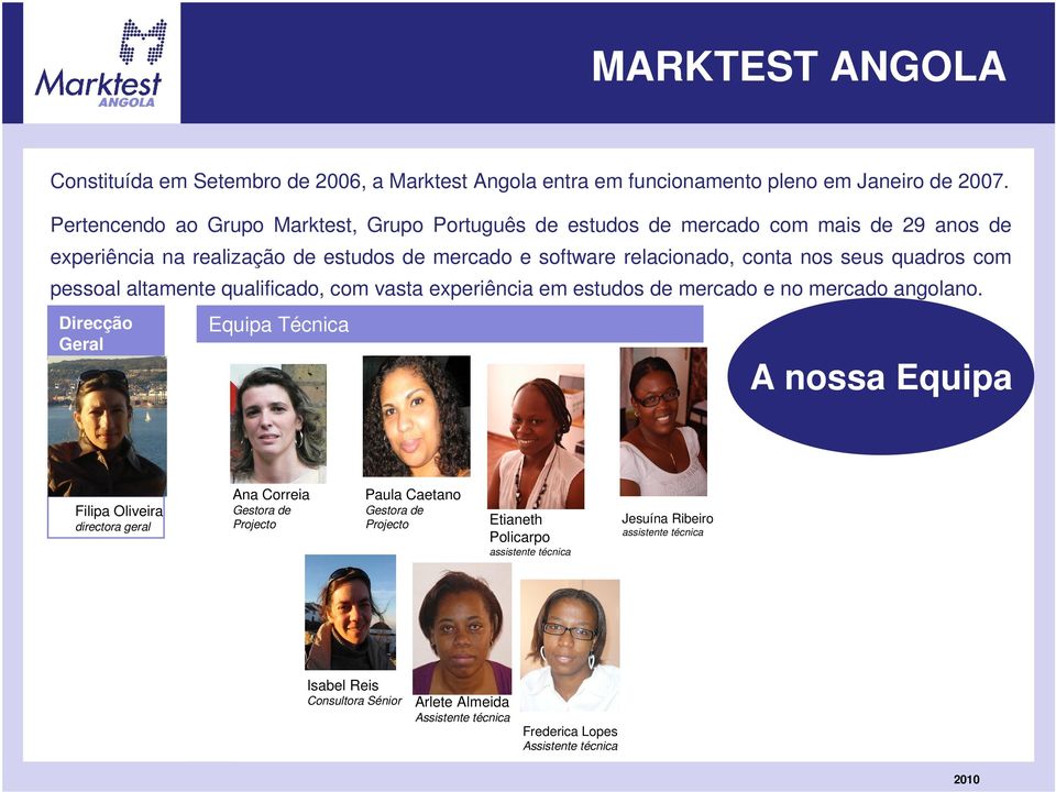 quadros com pessoal altamente qualificado, com vasta experiência em estudos de mercado e no mercado angolano.