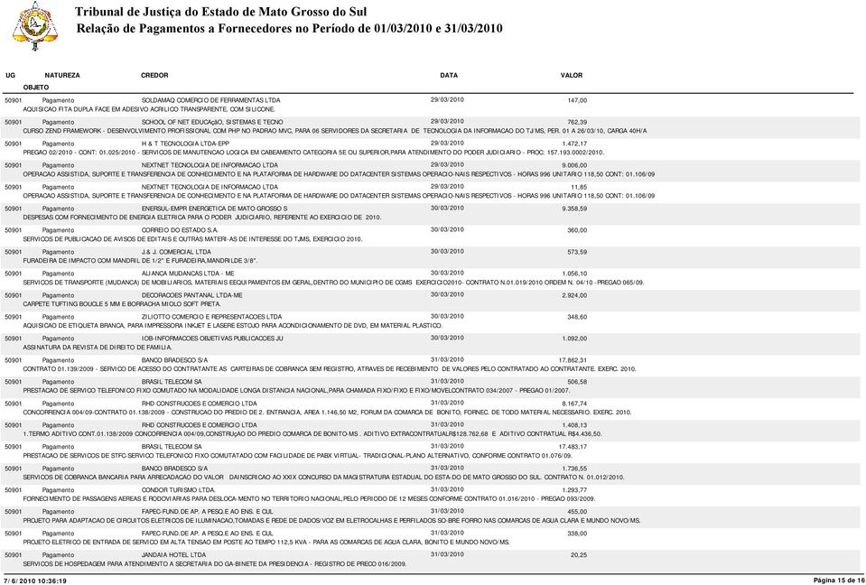 TJ/MS, PER. 01 A 26/03/10, CARGA 40H/A H & T TECNOLOGIA LTDA-EPP 29/03/2010 1.472,17 NEXTNET TECNOLOGIA DE INFORMACAO LTDA 29/03/2010 9.