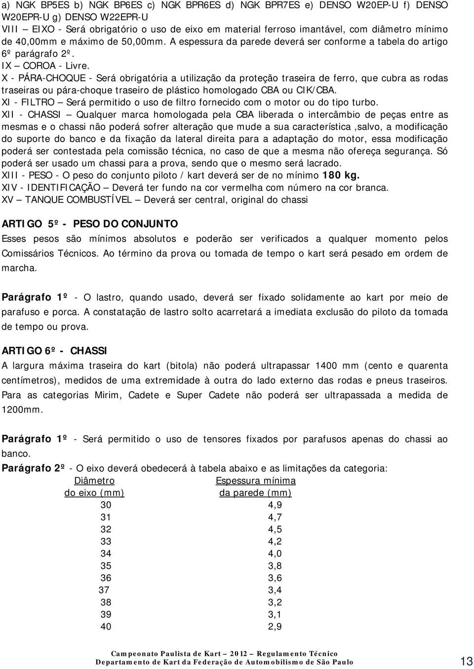 X - PÁRA-CHOQUE - Será obrigatória a utilização da proteção traseira de ferro, que cubra as rodas traseiras ou pára-choque traseiro de plástico homologado CBA ou CIK/CBA.