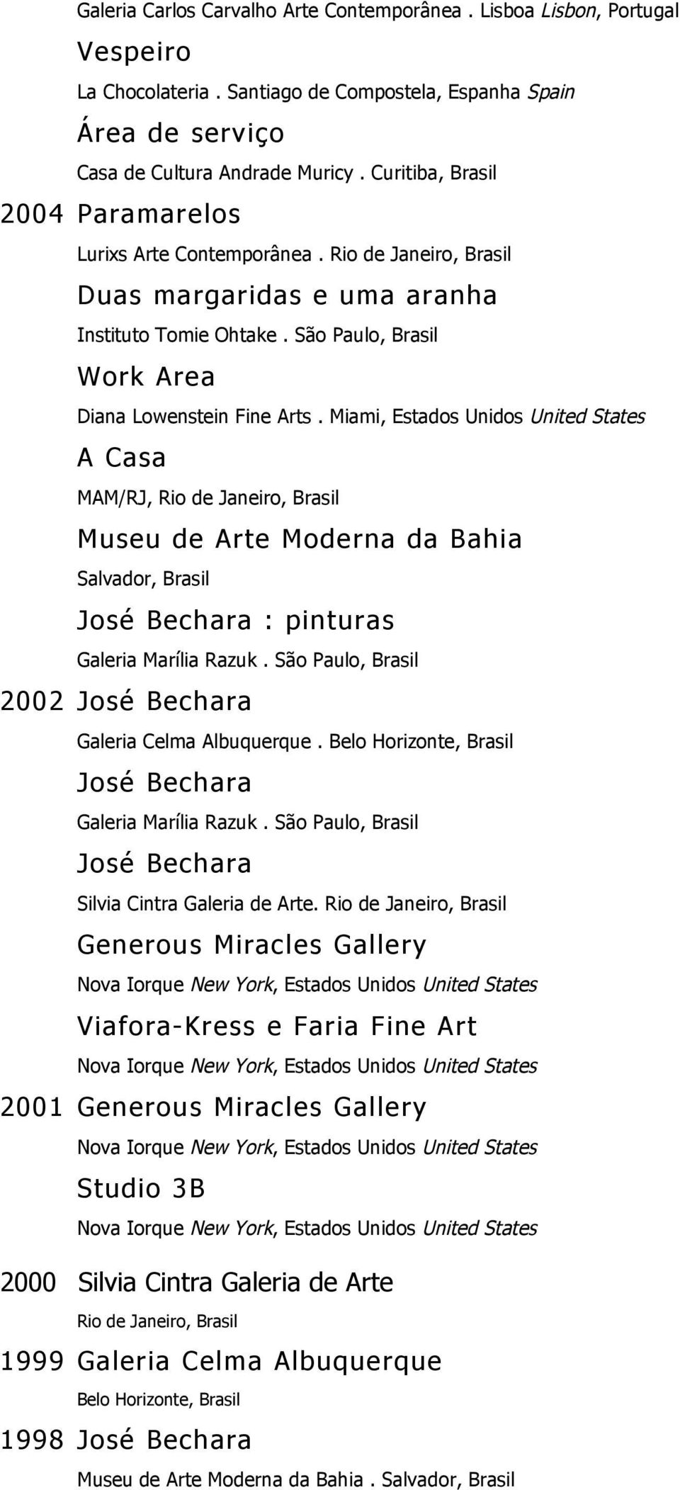 Miami, Estados Unidos United States A Casa MAM/RJ, Rio de Janeiro, Brasil Museu de Arte Moderna da Bahia Salvador, Brasil : pinturas 2002 Galeria Celma Albuquerque.