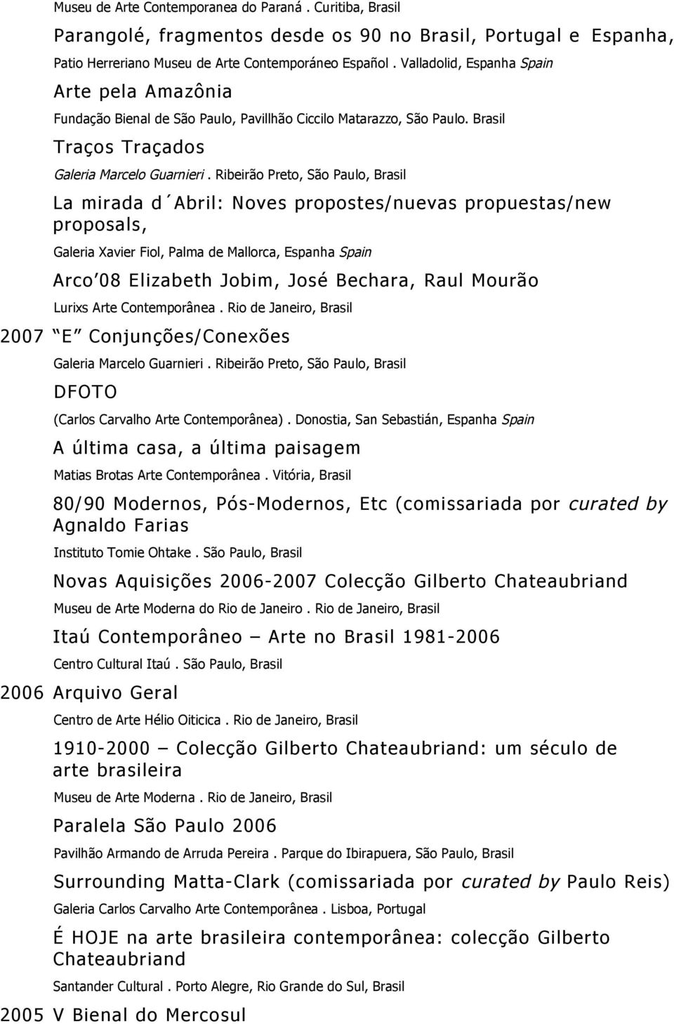 Ribeirão Preto, São Paulo, Brasil La mirada d Abril: Noves propostes/nuevas propuestas/new proposals, Galeria Xavier Fiol, Palma de Mallorca, Espanha Spain Arco 08 Elizabeth Jobim,, Raul Mourão