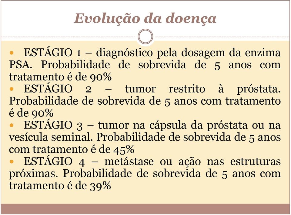 Probabilidade de sobrevida de 5 anos com tratamento é de 90% ESTÁGIO 3 tumor na cápsula da próstata ou na vesícula