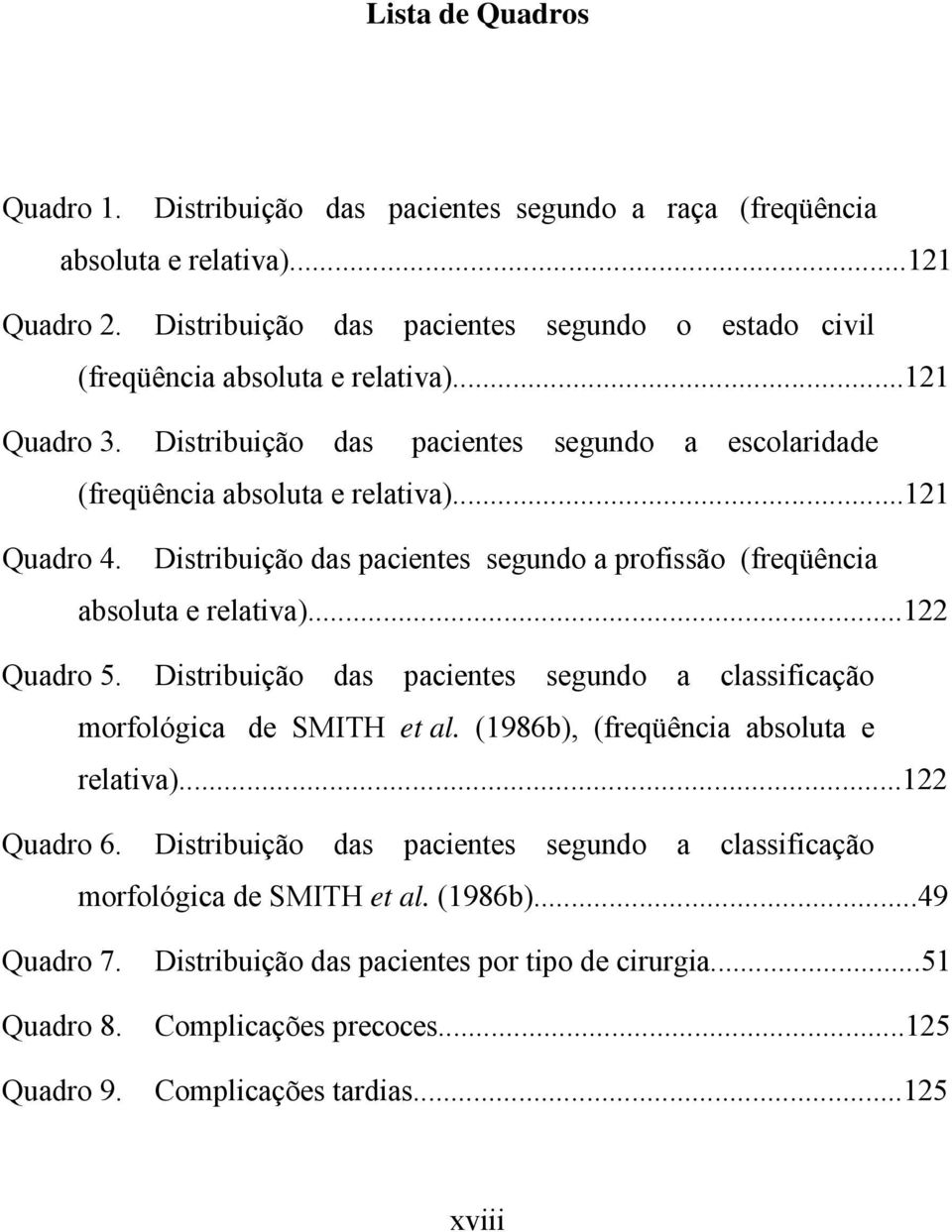 Distribuição das pacientes segundo a profissão (freqüência absoluta e relativa)...122 Quadro 5. Distribuição das pacientes segundo a classificação morfológica de SMITH et al.