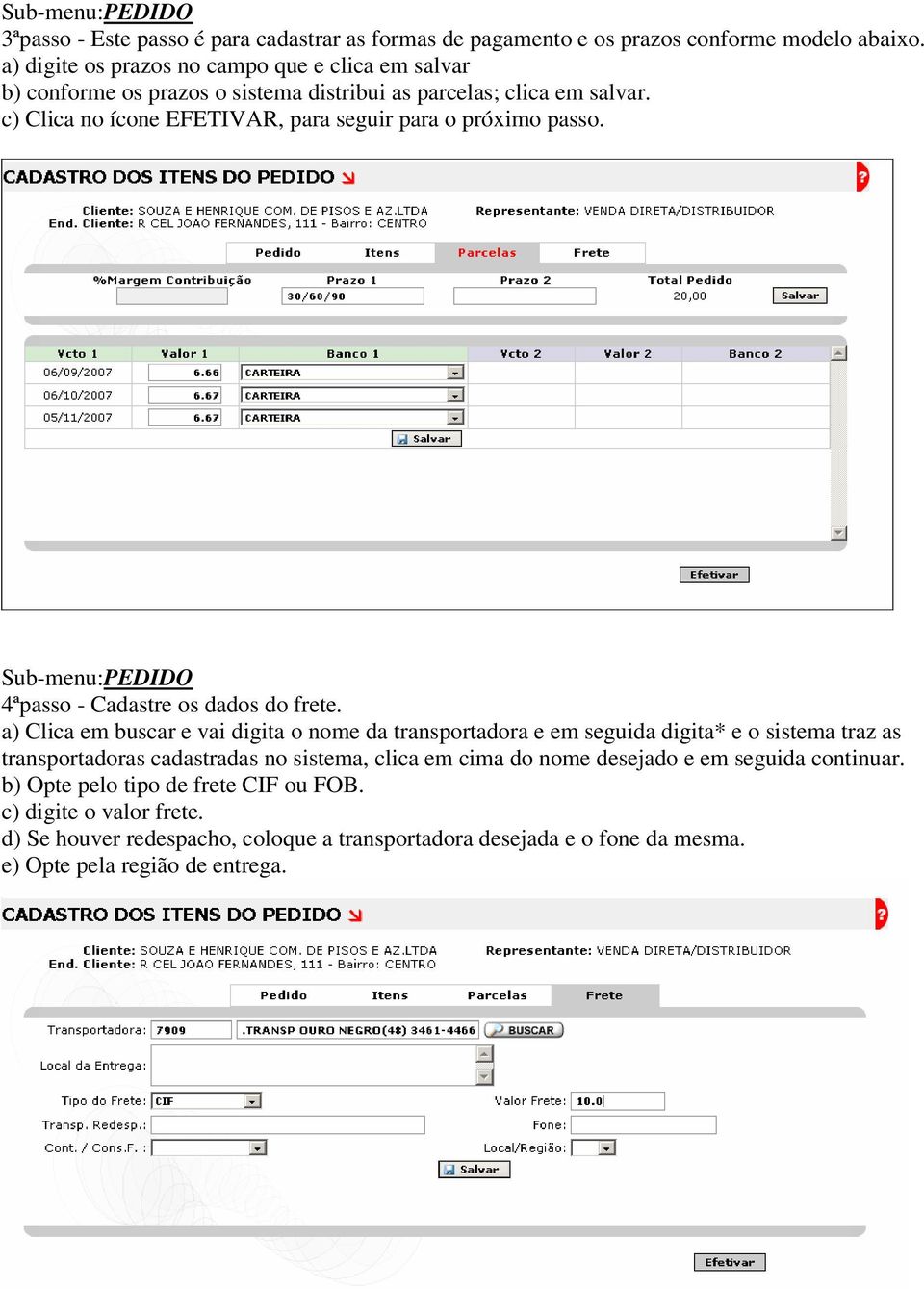 c) Clica no ícone EFETIVAR, para seguir para o próximo passo. Sub-menu:PEDIDO 4ªpasso - Cadastre os dados do frete.