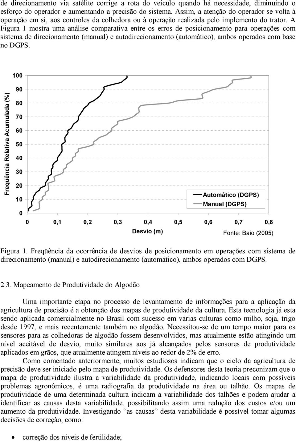 A Figura 1 mostra uma análise comparativa entre os erros de posicionamento para operações com sistema de direcionamento (manual) e autodirecionamento (automático), ambos operados com base no DGPS.