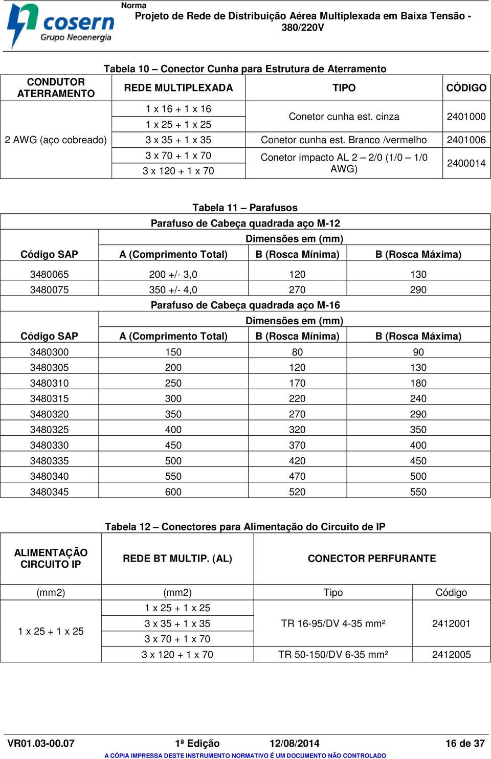 Branco /vermelho 2401006 3 x 70 + 1 x 70 Conetor impacto AL 2 2/0 (1/0 1/0 3 x 120 + 1 x 70 AWG) 2400014 Código SAP Tabela 11 Parafusos Parafuso de Cabeça quadrada aço M-12 Dimensões em (mm) A