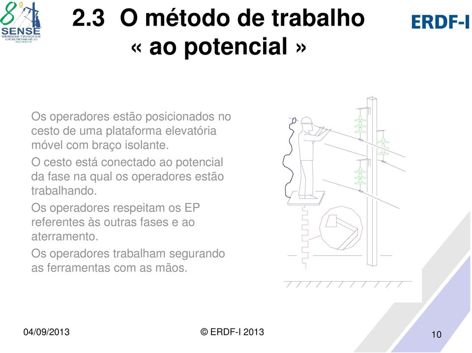 O cesto está conectado ao potencial da fase na qual os operadores estão trabalhando.