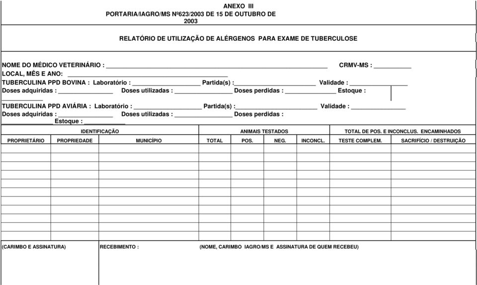 Laboratório : Partida(s) : Validade : Doses adquiridas : Doses utilizadas : Doses perdidas : Estoque : PROPRIETÁRIO IDENTIFICAÇÃO ANIMAIS TESTADOS TOTAL DE POS. E INCONCLUS.