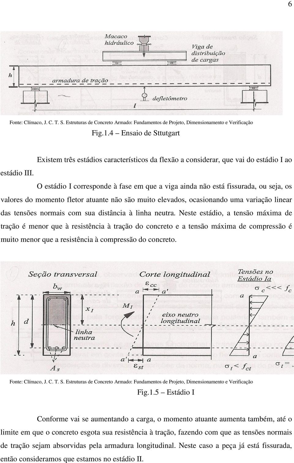 O estádio I corresponde à fase em que a viga ainda não está fissurada, ou seja, os valores do momento fletor atuante não são muito elevados, ocasionando uma variação linear das tensões normais com