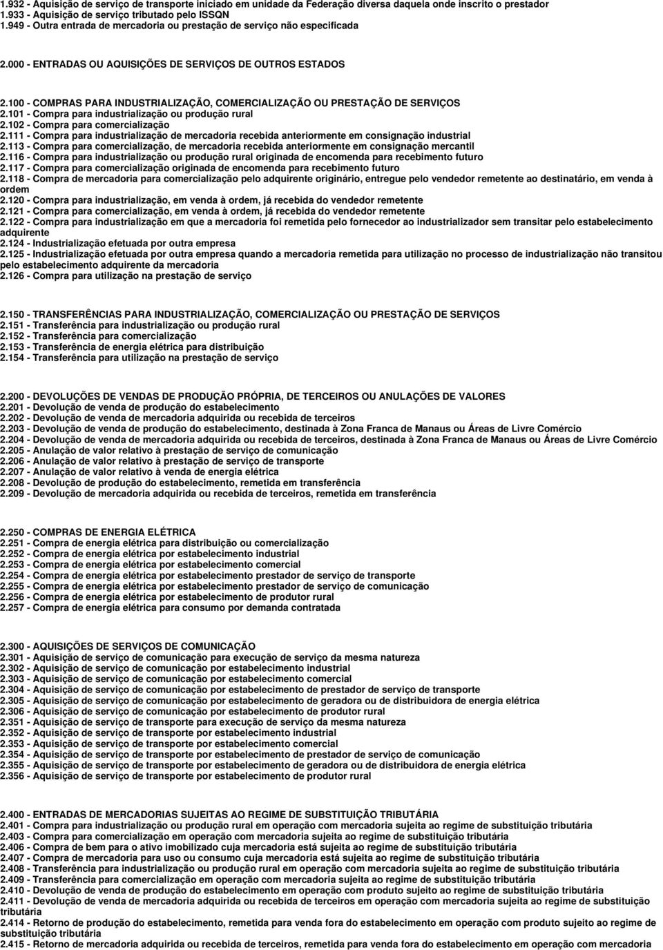 100 - COMPRAS PARA INDUSTRIALIZAÇÃO, COMERCIALIZAÇÃO OU PRESTAÇÃO DE SERVIÇOS 2.101 - Compra para industrialização ou produção rural 2.102 - Compra para comercialização 2.