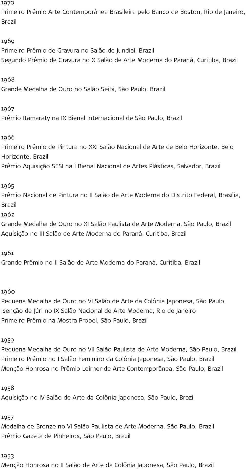 de Belo Horizonte, Belo Horizonte, Prêmio Aquisição SESI na I Bienal Nacional de Artes Plásticas, Salvador, 1965 Prêmio Nacional de Pintura no II Salão de Arte Moderna do Distrito Federal, Brasília,