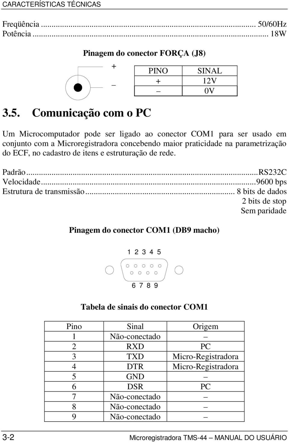 Comunicação com o PC + PINO SINAL + 12V 0V Um Microcomputador pode ser ligado ao conector COM1 para ser usado em conjunto com a Microregistradora concebendo maior praticidade na