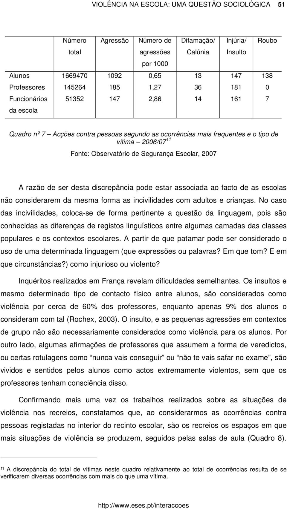 Escolar, 2007 A razão de ser desta discrepância pode estar associada ao facto de as escolas não considerarem da mesma forma as incivilidades com adultos e crianças.