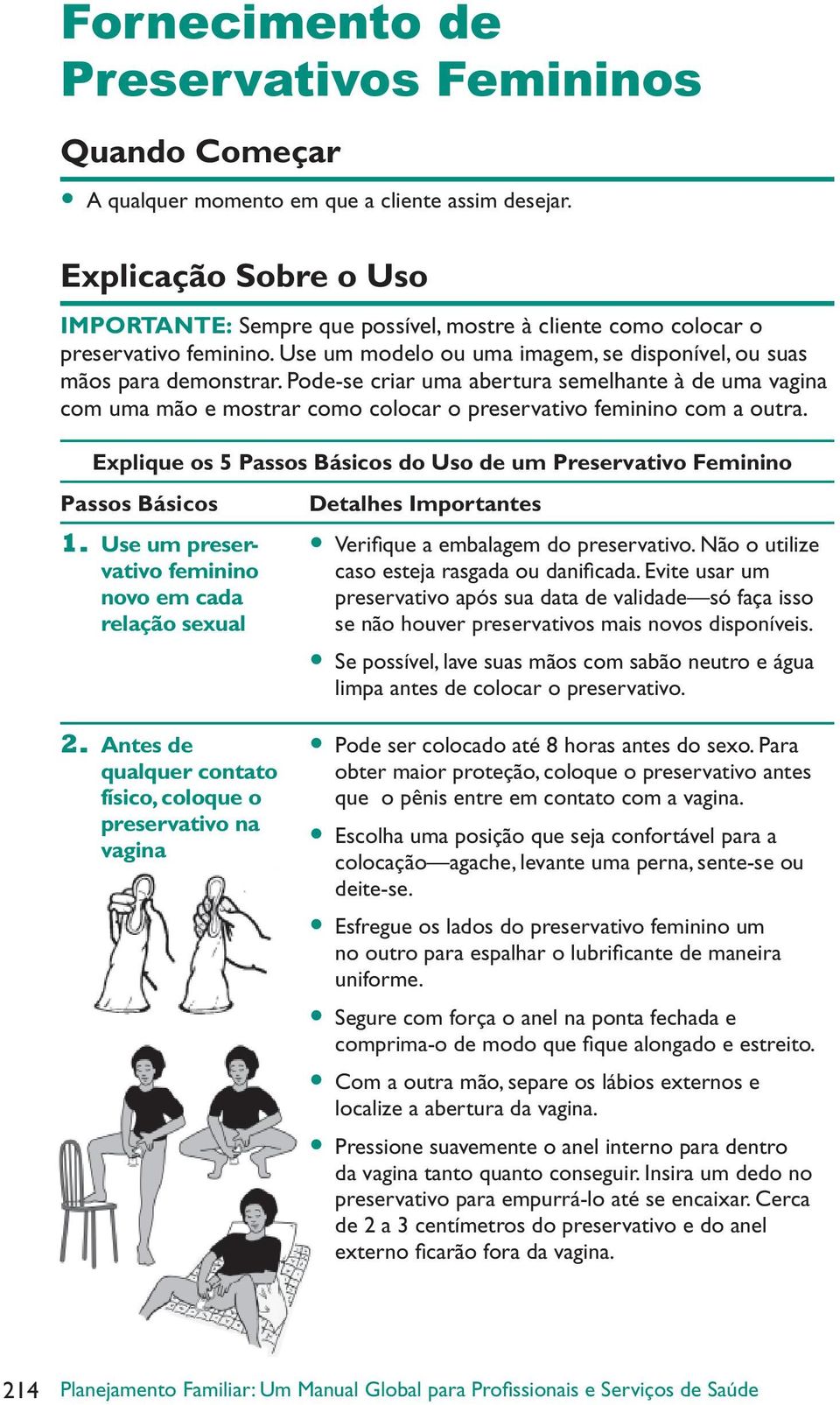 Explique os 5 Passos Básicos do Uso de um Preservativo Feminino Passos Básicos Detalhes Importantes 1. Use um preservativo feminino novo em cada relação sexual Verifi que a embalagem do preservativo.