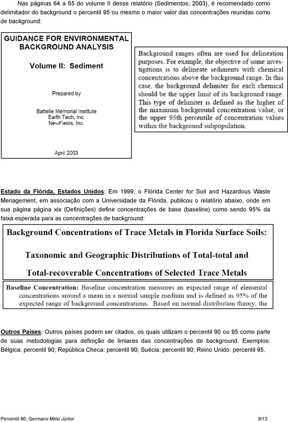 página xix (Definições) define concentrações de base (baseline) como sendo 95% da faixa esperada para as concentrações de background: Outros Países: Outros países podem ser citados, os quais utilizam