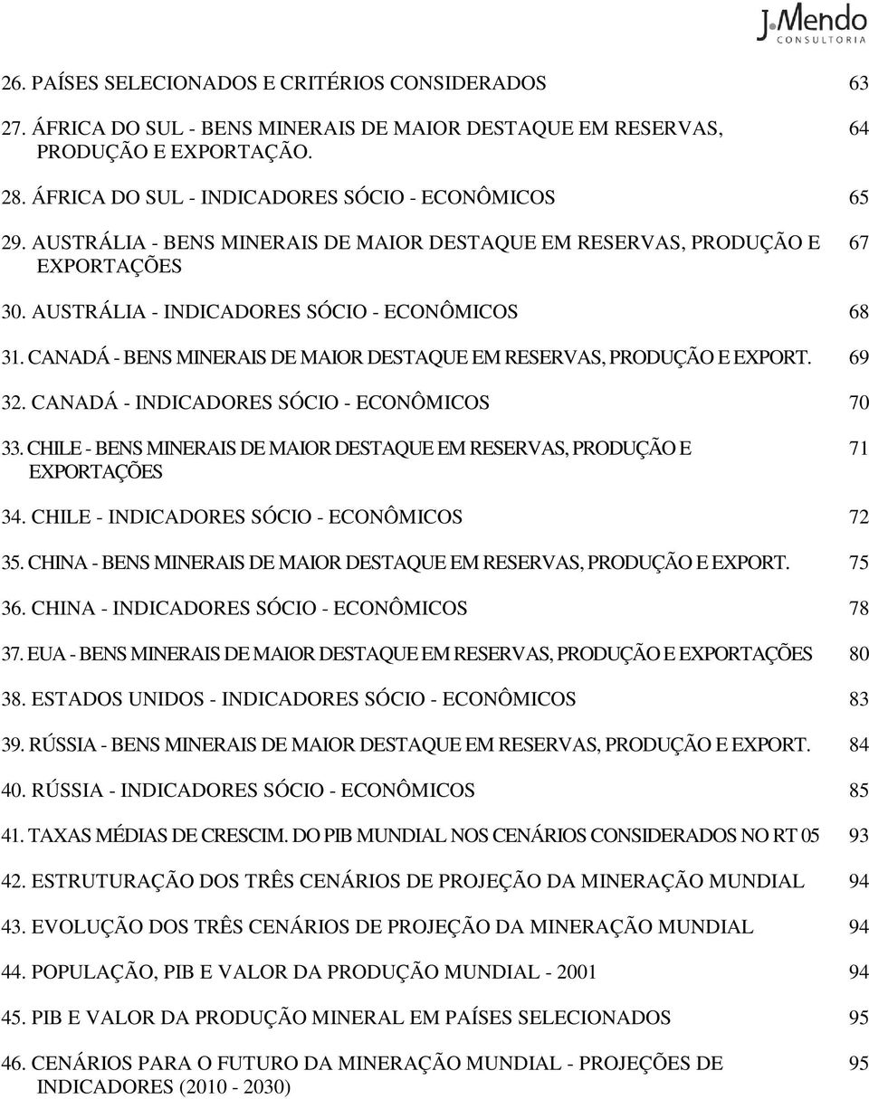 CANADÁ - BENS MINERAIS DE MAIOR DESTAQUE EM RESERVAS, PRODUÇÃO E EXPORT. 69 32. CANADÁ - INDICADORES SÓCIO - ECONÔMICOS 70 33.