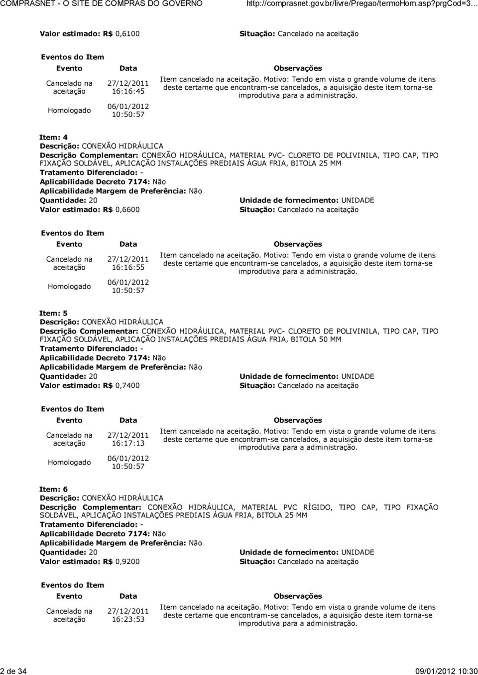 APLICAÇÃO INSTALAÇÕES PREDIAIS ÁGUA FRIA, BITOLA 25 MM Quantidade: 20 Valor estimado: R$ 0,6600 16:16:55 Item cancelado na.