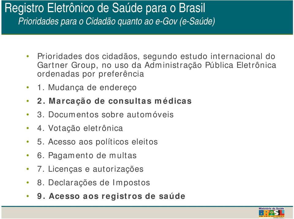 Marcação de consultas médicas 3. Documentos sobre automóveis 4. Votação eletrônica 5.