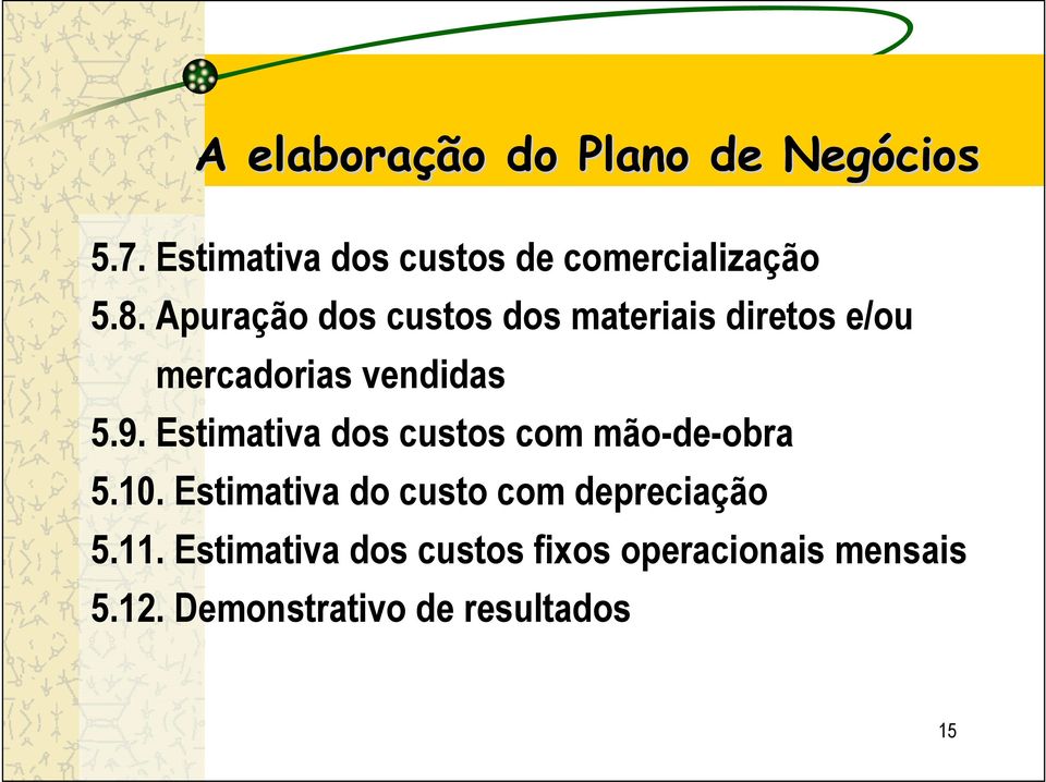 Estimativa dos custos com mão-de-obra 5.10. Estimativa do custo com depreciação 5.