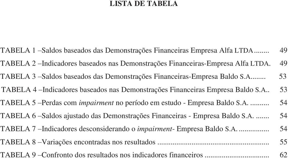 A.... 54 TABELA 6 Saldos ajustado das Demonstrações Financeiras - Empresa Baldo S.A.... 54 TABELA 7 Indicadores desconsiderando o impairment- Empresa Baldo S.A.... 54 TABELA 8 Variações encontradas nos resultados.