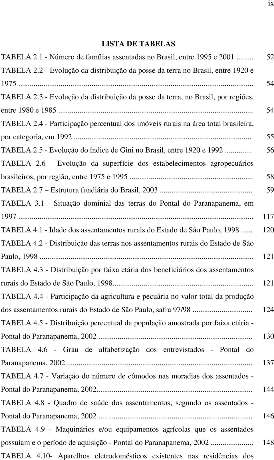 .. TABELA 2.7 Estrutura fundiária do Brasil, 2003... TABELA 3.1 - Situação dominial das terras do Pontal do Paranapanema, em 1997... TABELA 4.