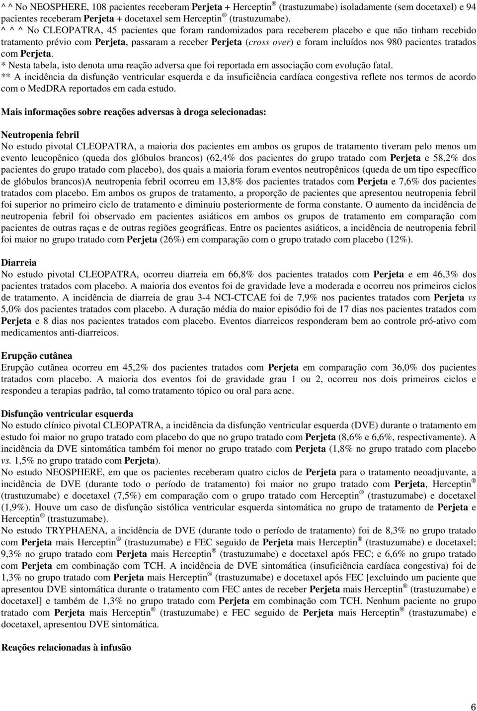 980 pacientes tratados com Perjeta. * Nesta tabela, isto denota uma reação adversa que foi reportada em associação com evolução fatal.