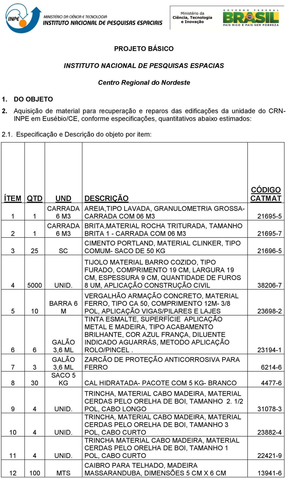 Especificação e Descrição do objeto por item: ÍTEM QTD UND DESCRIÇÃO 1 1 2 1 CARRADA 6 M3 CARRADA 6 M3 3 25 SC 4 5000 UNID. 5 10 6 6 7 3 8 30 BARRA 6 M GALÃO 3,6 ML GALÃO 9 4 UNID. 10 4 UNID.