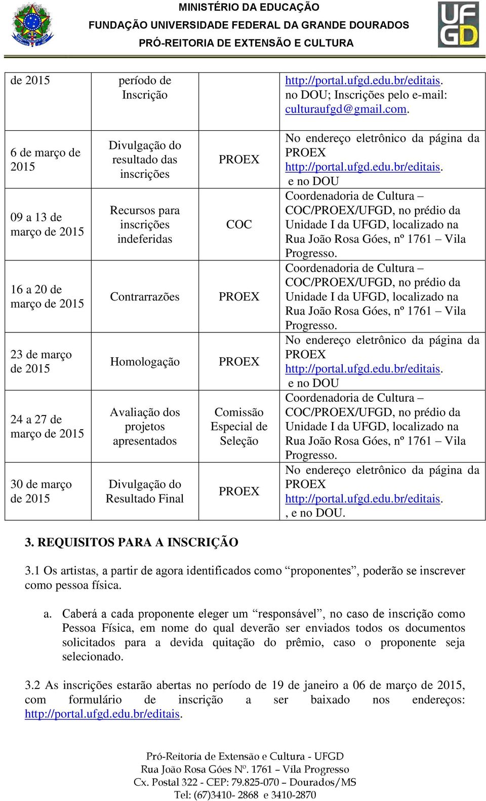 indeferidas Contrarrazões Homologação Avaliação dos projetos apresentados Divulgação do Resultado Final PROEX COC PROEX PROEX Comissão Especial de Seleção PROEX No endereço eletrônico da página da