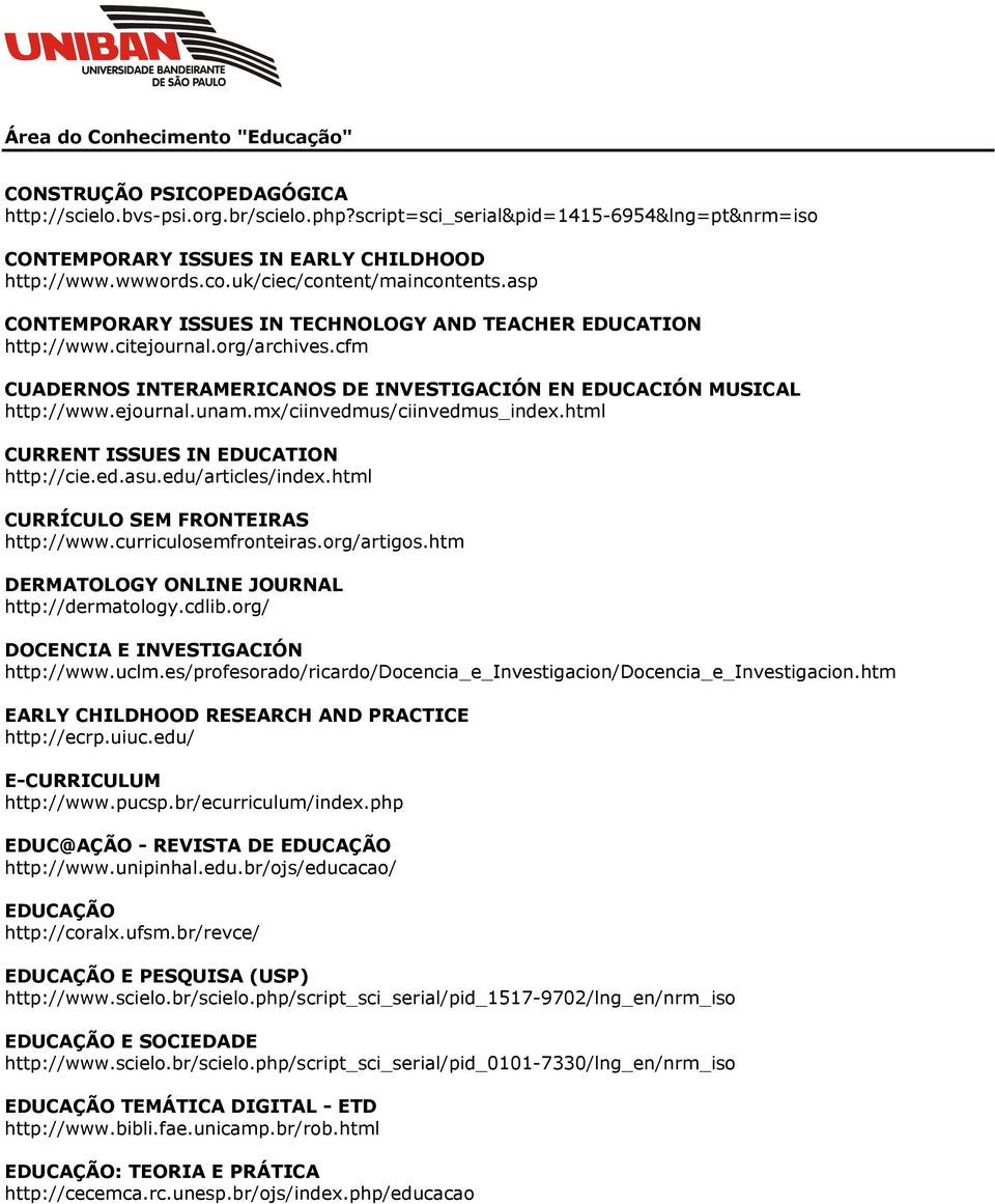 cfm CUADERNOS INTERAMERICANOS DE INVESTIGACIÓN EN EDUCACIÓN MUSICAL http://www.ejournal.unam.mx/ciinvedmus/ciinvedmus_index.html CURRENT ISSUES IN EDUCATION http://cie.ed.asu.edu/articles/index.