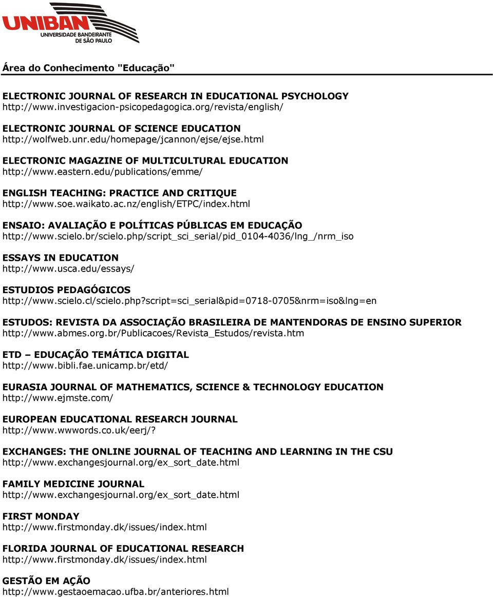 nz/english/etpc/index.html ENSAIO: AVALIAÇÃO E POLÍTICAS PÚBLICAS EM EDUCAÇÃO http://www.scielo.br/scielo.php/script_sci_serial/pid_0104-4036/lng_/nrm_iso ESSAYS IN EDUCATION http://www.usca.