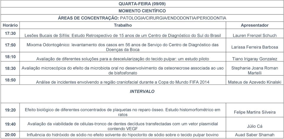 soluções para a descelularização do tecido pulpar: um estudo piloto Tiano Irigaray Gonzalez 18:30 Avaliação microscópica do efeito da microbiota oral no desenvolvimento da osteonecrose associada ao