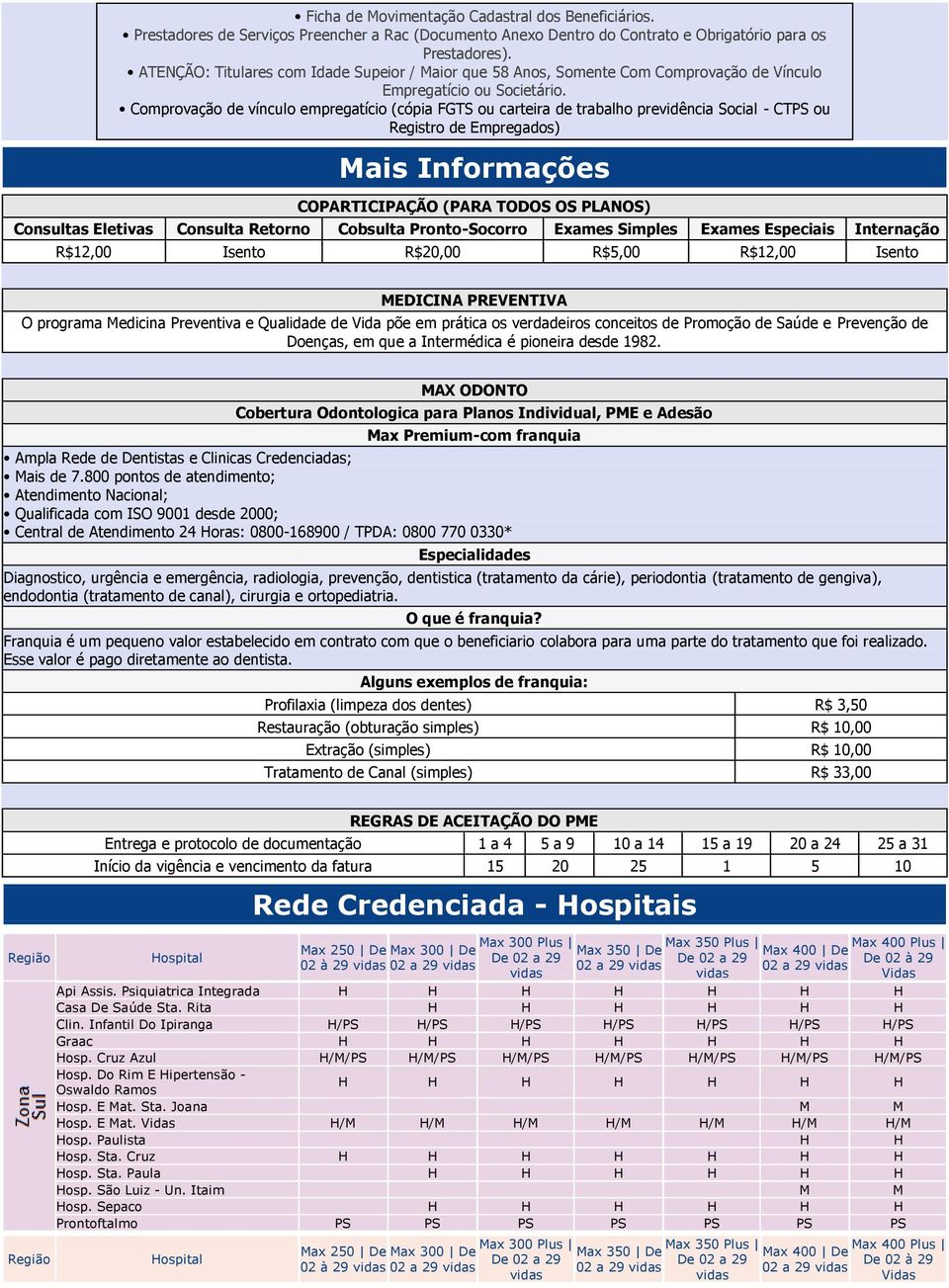 Comprovação de vínculo empregatício (cópia FGTS ou carteira de trabalho previdência Social - CTPS ou Registro de Empregados) Mais Informações COPARTICIPAÇÃO (PARA TODOS OS PLANOS) Consultas Eletivas