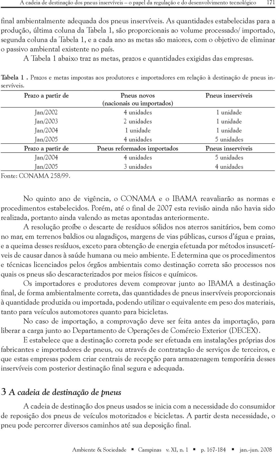 objetivo de eliminar o passivo ambiental existente no país. A Tabela 1 abaixo traz as metas, prazos e quantidades exigidas das empresas. Tabela 1. Prazos e metas impostas aos produtores e importadores em relação à destinação de pneus inservíveis.