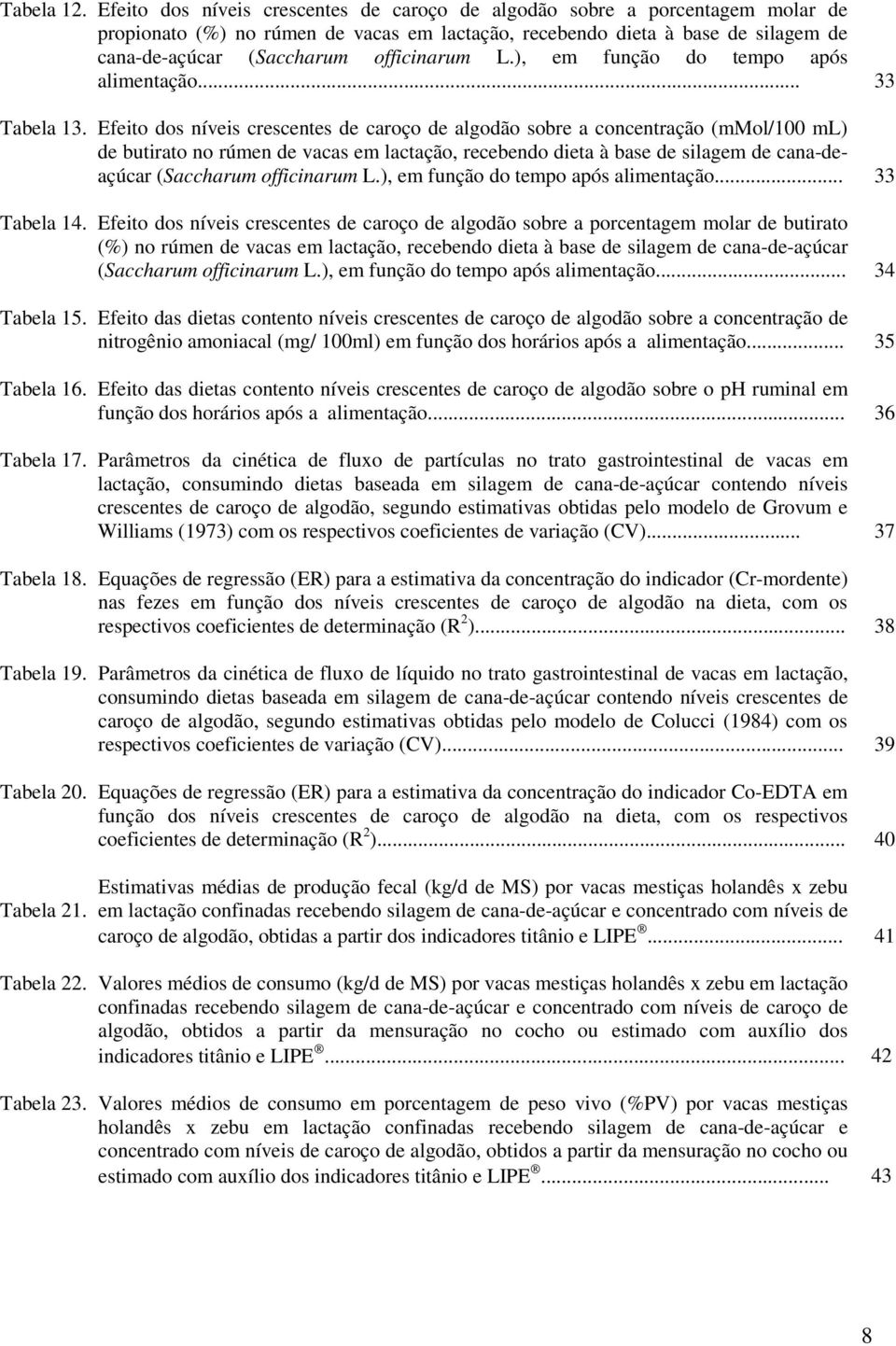 L.), em função do tempo após alimentação... 33 Tabela 13.