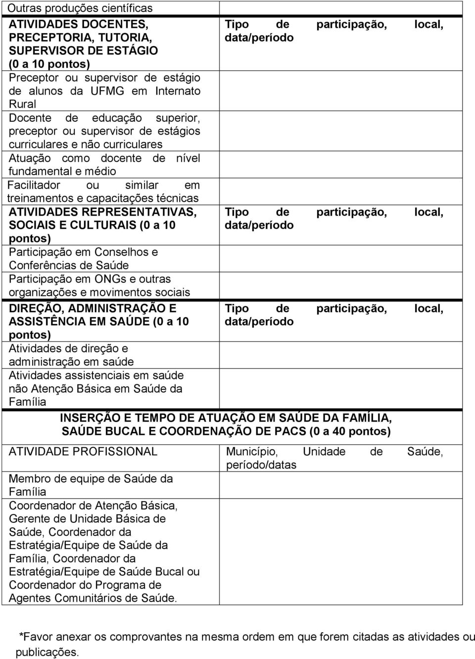 ATIVIDADES REPRESENTATIVAS, SOCIAIS E CULTURAIS (0 a 10 pontos) Participação em Conselhos e Conferências de Saúde Participação em ONGs e outras organizações e movimentos sociais DIREÇÃO,