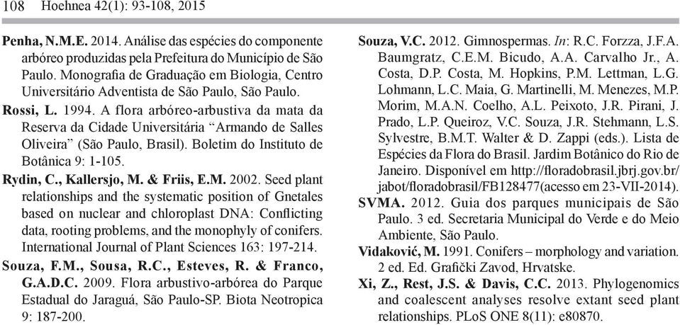 A flora arbóreo-arbustiva da mata da Reserva da Cidade Universitária Armando de Salles Oliveira (São Paulo, Brasil). Boletim do Instituto de Botânica 9: 1-105. Rydin, C., Kallersjo, M. & Friis, E.M. 2002.