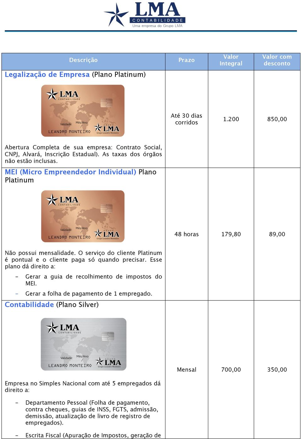 MEI (Micro Empreendedor Individual) Plano Platinum 48 horas 179,80 89,00 Não possui mensalidade. O serviço do cliente Platinum é pontual e o cliente paga só quando precisar.