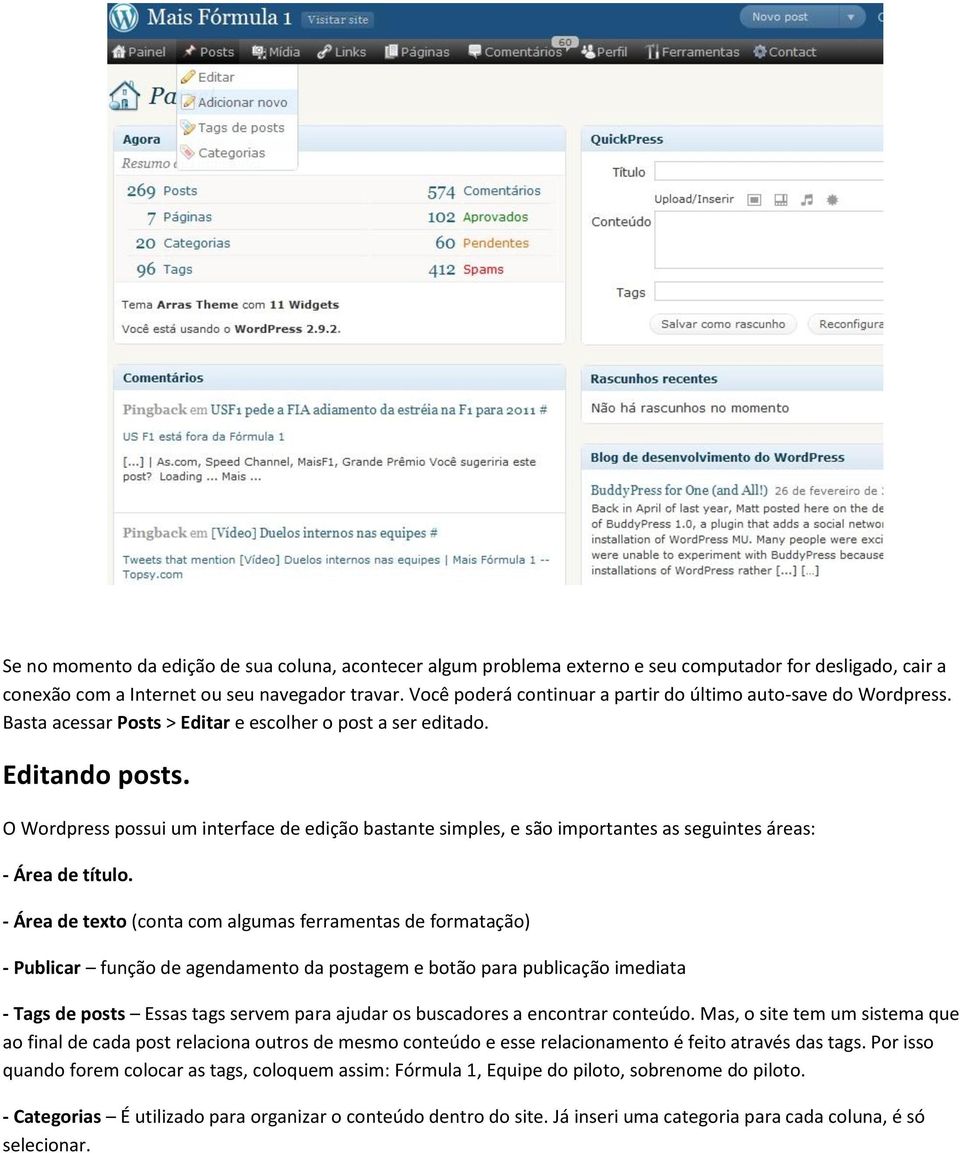 O Wordpress possui um interface de edição bastante simples, e são importantes as seguintes áreas: - Área de título.