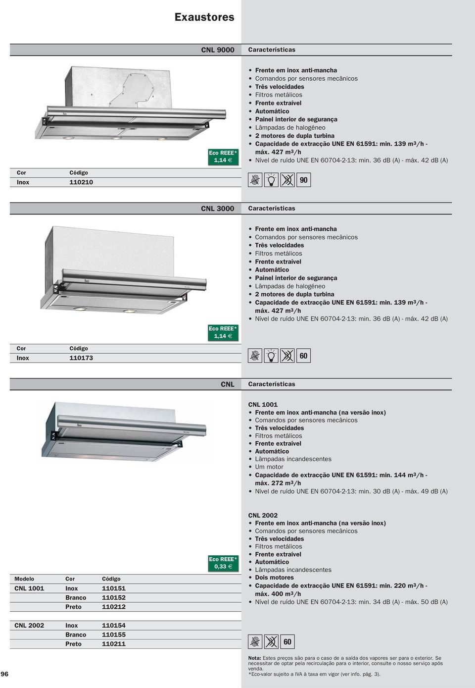 42 db (A) 110210 CNL 3000 Frente em inox anti-mancha Comandos por sensores mecânicos Três velocidades Filtros metálicos Frente extraível Automático Painel interior de segurança Lâmpadas de halogéneo