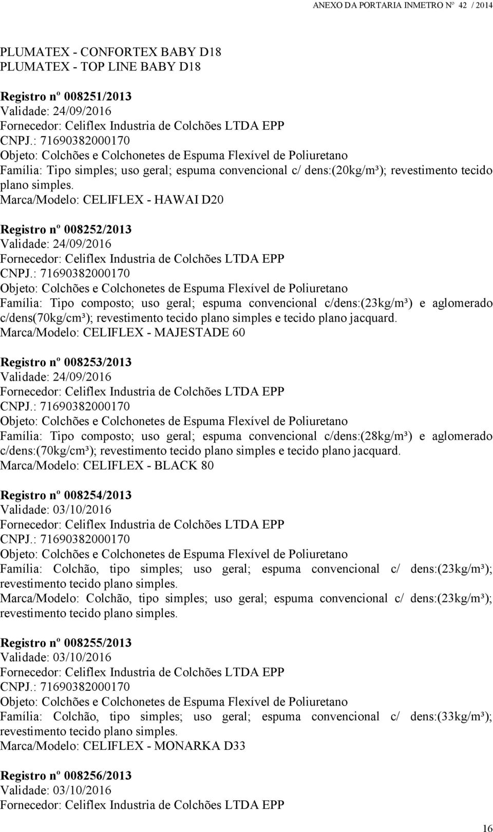 Marca/Modelo: CELIFLEX - HAWAI D20 Registro nº 008252/2013 Validade: 24/09/2016 Fornecedor: Celiflex Industria de Colchões LTDA EPP CNPJ.