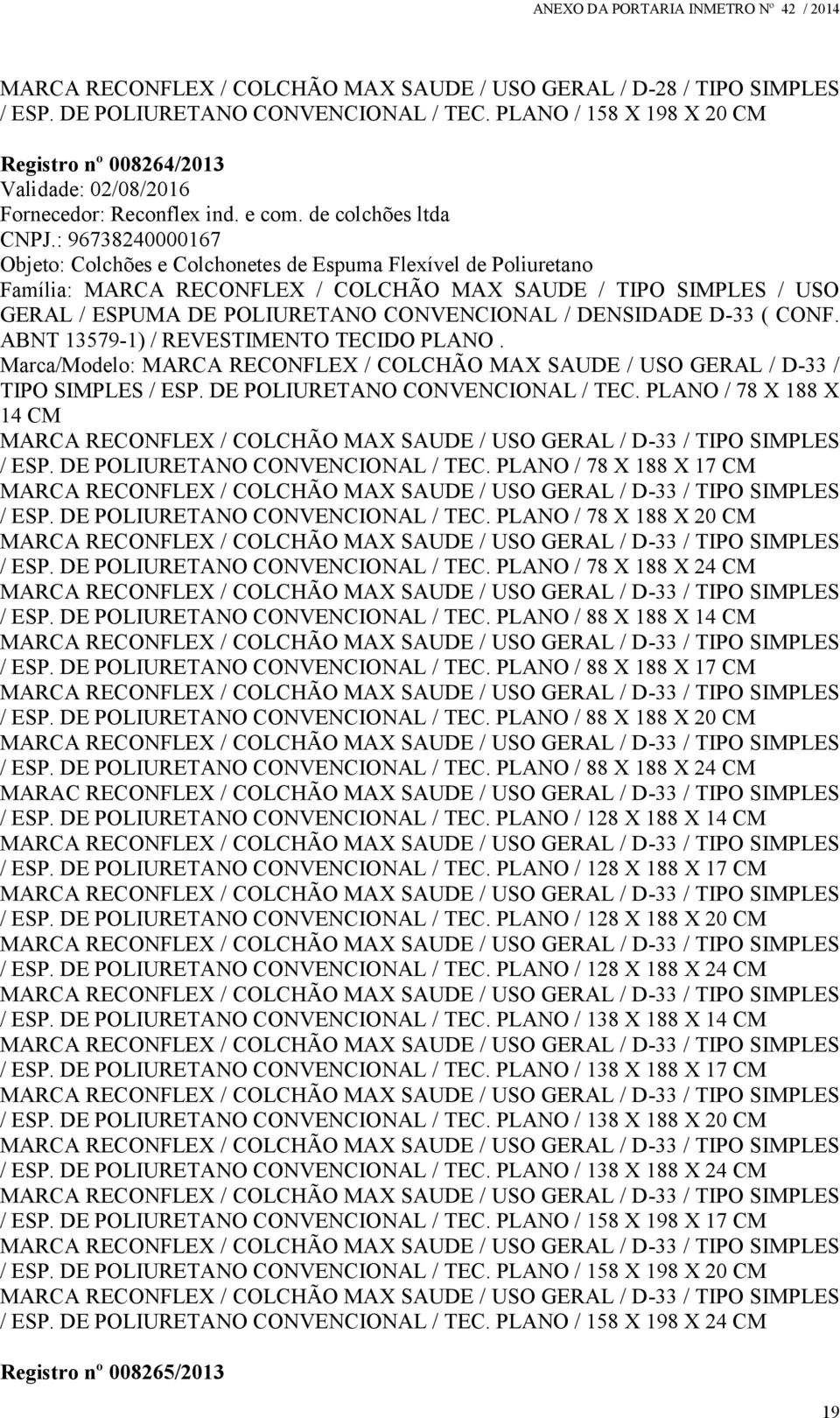 : 96738240000167 Família: MARCA RECONFLEX / COLCHÃO MAX SAUDE / TIPO SIMPLES / USO GERAL / ESPUMA DE POLIURETANO CONVENCIONAL / DENSIDADE D-33 ( CONF. ABNT 13579-1) / REVESTIMENTO TECIDO PLANO.