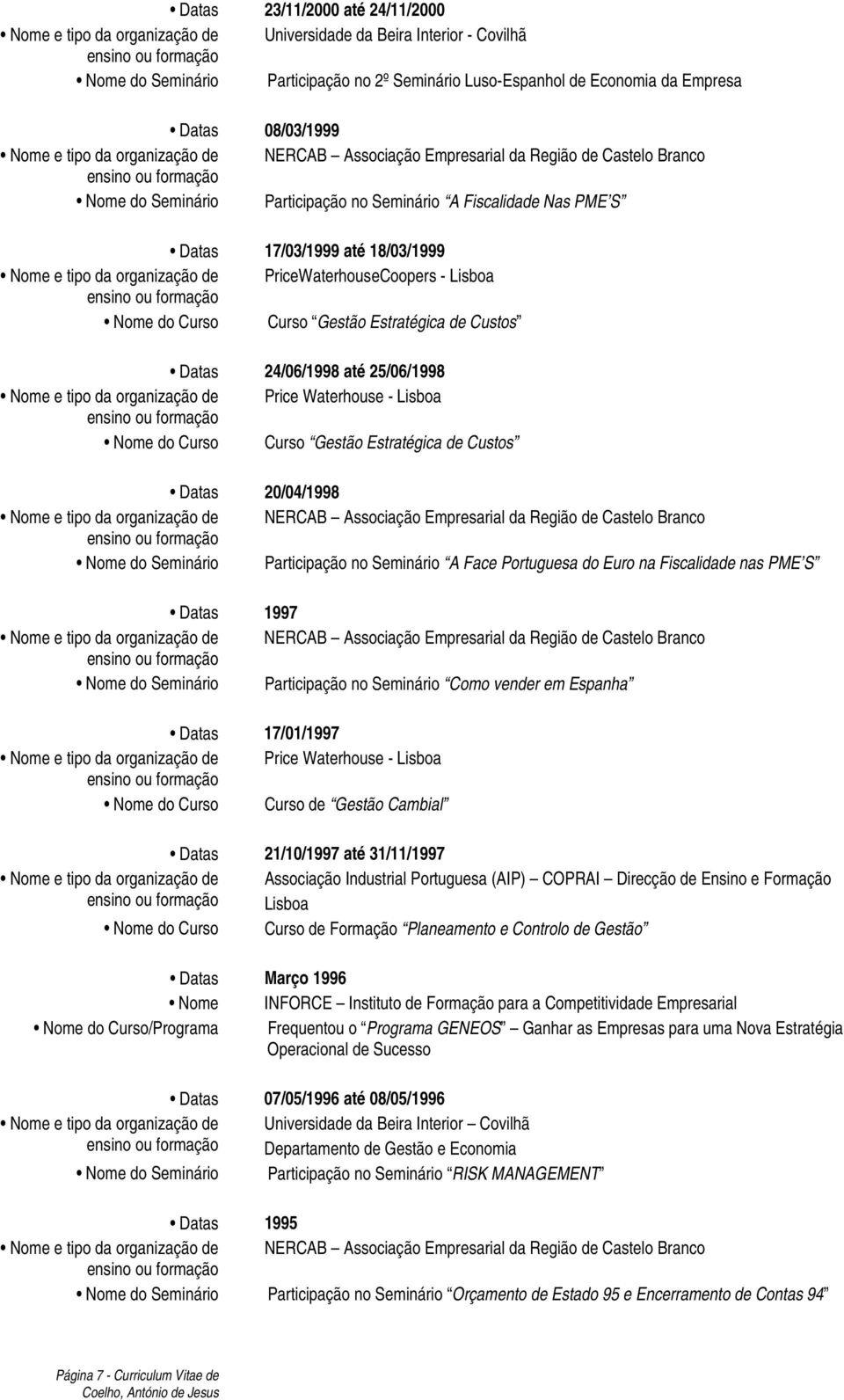 Estratégica de Custos Datas 24/06/1998 até 25/06/1998 Price Waterhouse - Lisboa Nome do Curso Curso Gestão Estratégica de Custos Datas 20/04/1998 NERCAB Associação Empresarial da Região de Castelo