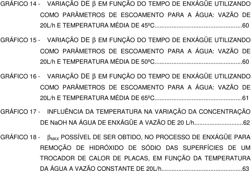 ..60 GRÁFICO 16 - VARIAÇÃO DE β EM FUNÇÃO DO TEMPO DE ENXÁGÜE UTILIZANDO COMO PARÂMETROS DE ESCOAMENTO PARA A ÁGUA: VAZÃO DE 20L/h E TEMPERATURA MÉDIA DE 65ºC.