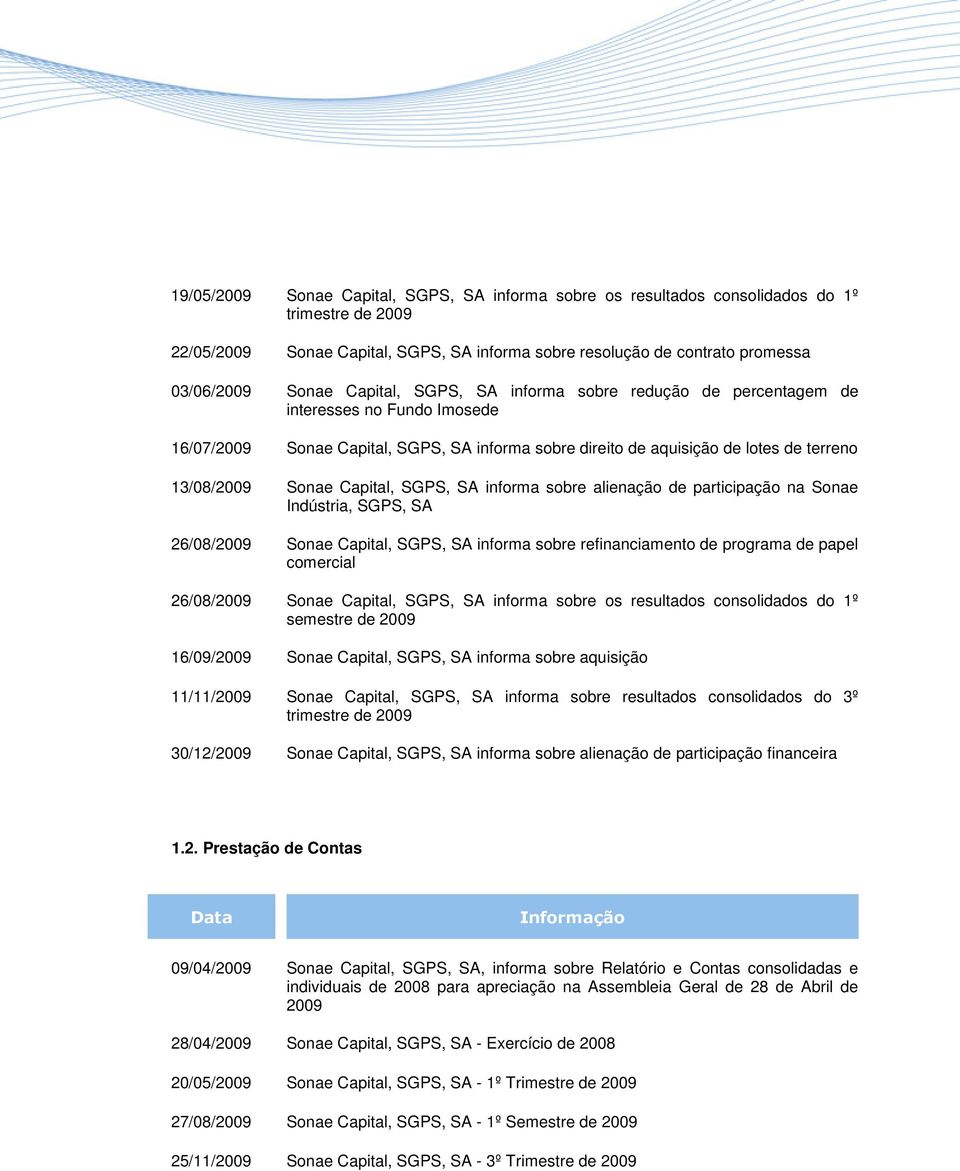 Capital, SGPS, SA informa sobre alienação de participação na Sonae Indústria, SGPS, SA 26/08/2009 Sonae Capital, SGPS, SA informa sobre refinanciamento de programa de papel comercial 26/08/2009 Sonae