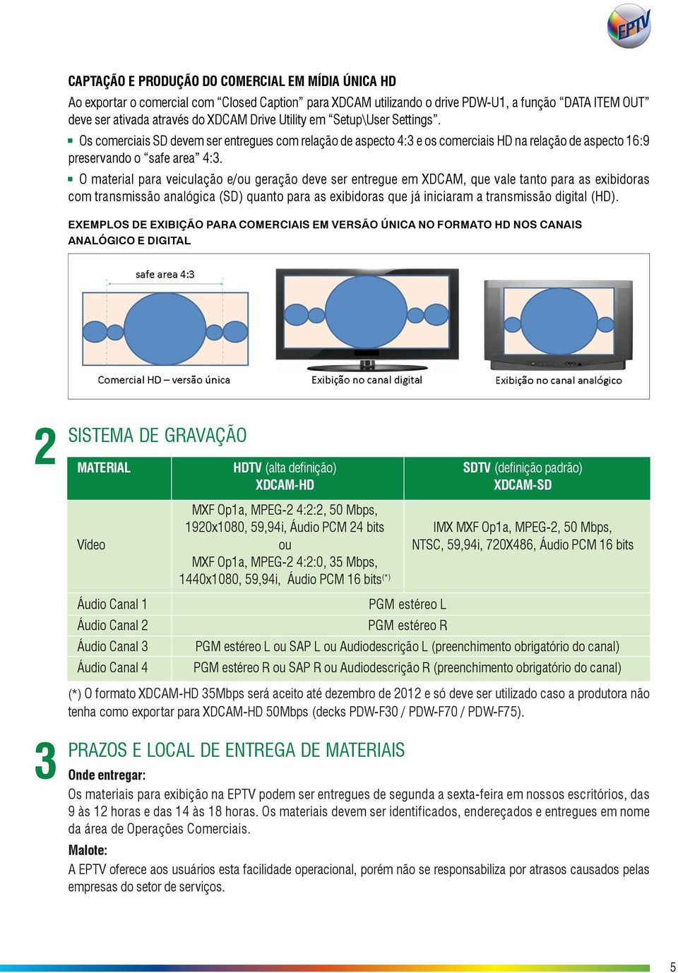 O material para veiculação e/ou geração deve ser entregue em XDCAM, que vale tanto para as exibidoras com transmissão analógica (SD) quanto para as exibidoras que já iniciaram a transmissão digital