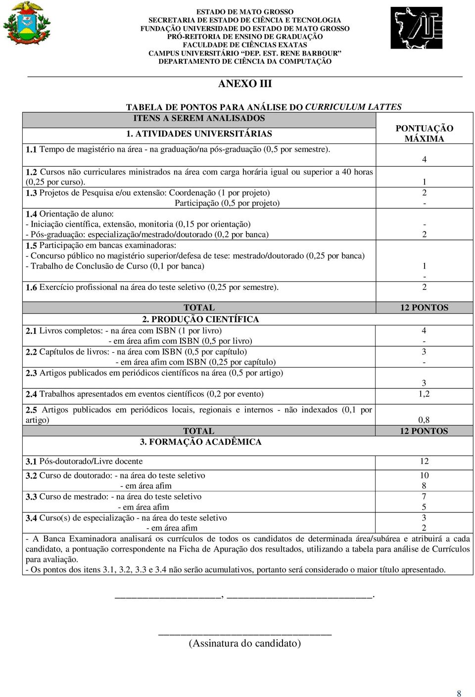 3 Projetos de Pesquisa e/ou extensão: Coordenação (1 por projeto) 2 Participação (0,5 por projeto) 1.