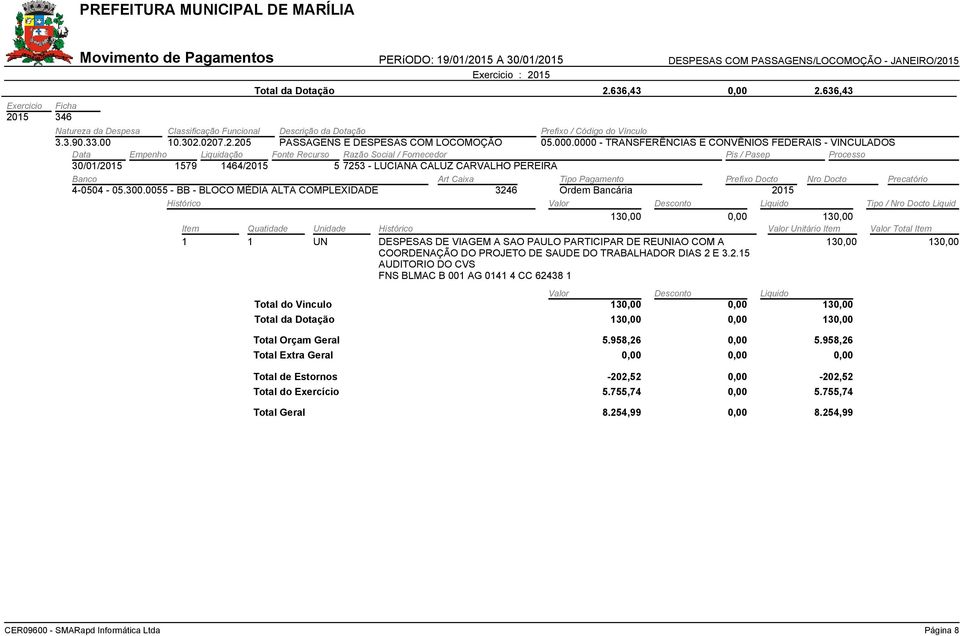 0000 - TRANFERÊNCIA E CONVÊNIO FEDERAI - VINCULADO 30/01/ 1579 1464/ 5 7253 - LUCIANA CALUZ CARVALHO PEREIRA 4-0504 - 05.300.