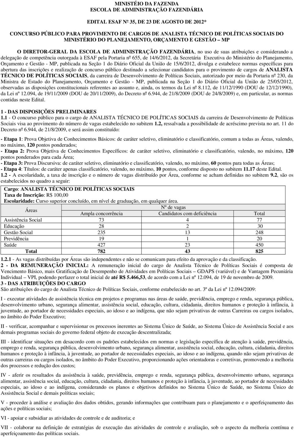 de 14/6/12, da Secretária Executiva do Ministério do Planejamento, Orçamento e Gestão - MP, publicada na Seção 1 do Diário Oficial da União de 15/6/12, divulga e estabelece normas específicas para