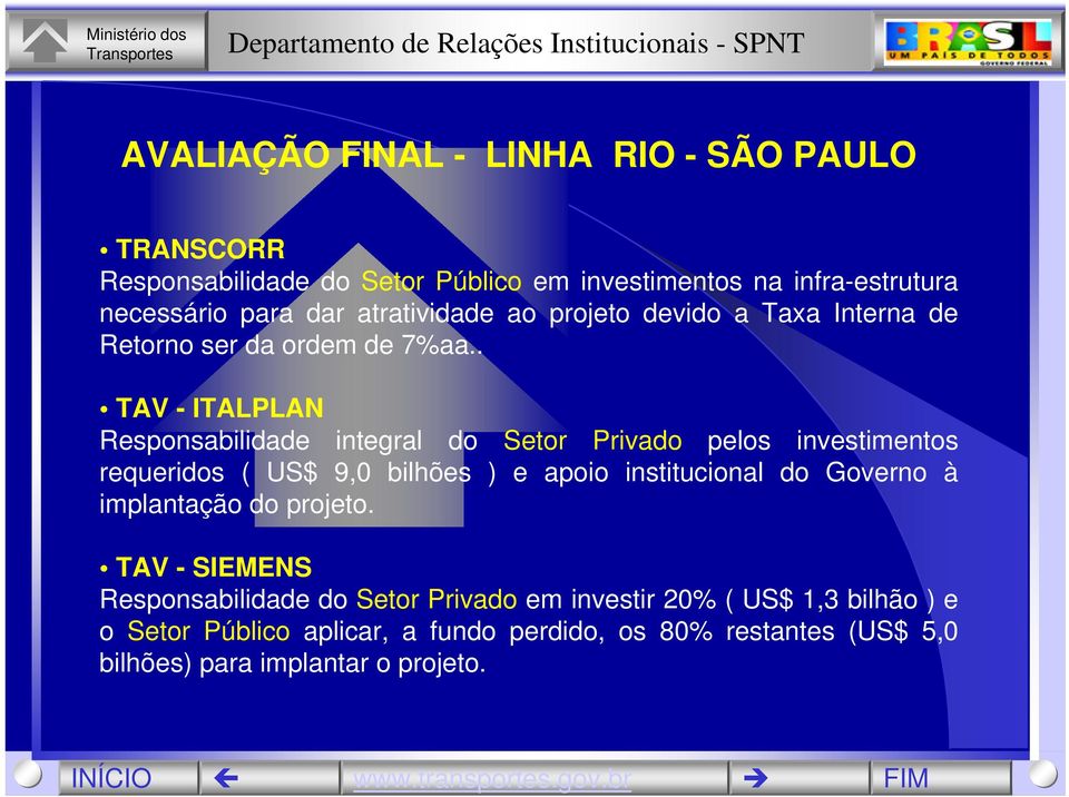 . TAV - ITALPLAN Responsabilidade integral do Setor Privado pelos investimentos requeridos ( US$ 9,0 bilhões ) e apoio institucional do Governo à